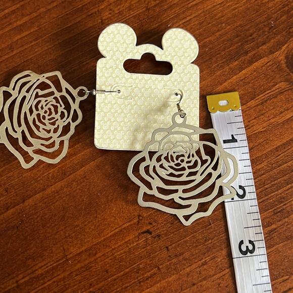 Disney Parks Silver Tone Rose Drop Earrings New on Card Beauty and the Beast - Picture 3 of 3